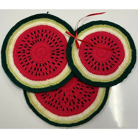 Vintage Handmade One of a Kind Set of 3 Round Watermelon Hot Pads Various Sizes - Picture 1 of 6